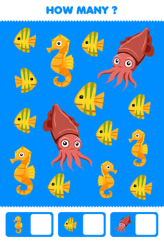 Education game for children searching and counting how many pictures of cute cartoon fish seahorse cuttlefish printable underwater worksheet vector