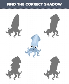 Education game for children find the correct shadow of cute cartoon squid printable underwater worksheet vector
