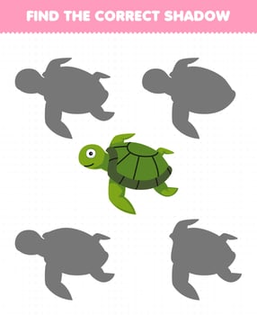 Education game for children find the correct shadow of cute cartoon turtle printable underwater worksheet vector