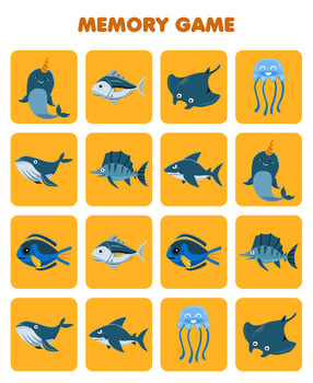 Education game for children memory to find similar pictures of cute cartoon narwhal fish manta jellyfish whale shark printable underwater worksheet vector