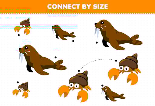 Educational game for kids connect by the size of cute cartoon walrus and hermit crab printable underwater worksheet vector