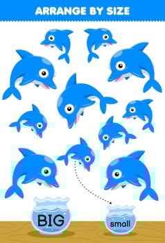 Education game for children arrange by size big or small put it in the fish bowl of cute cartoon dolphin printable underwater worksheet vector