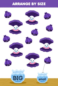Education game for children arrange by size big or small put it in the fish bowl of cute cartoon shell printable underwater worksheet vector