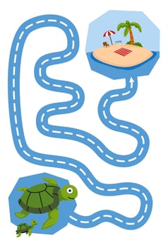 Education game for children handwriting practice trace the lines help cute cartoon turtle move to beach printable underwater worksheet vector