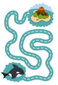 Education game for children handwriting practice trace the lines help cute cartoon orca move to island printable underwater worksheet vector