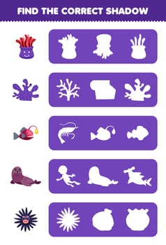 Education game for children find the correct shadow silhouette of cute cartoon anemone coral fish seal urchin printable underwater worksheet vector