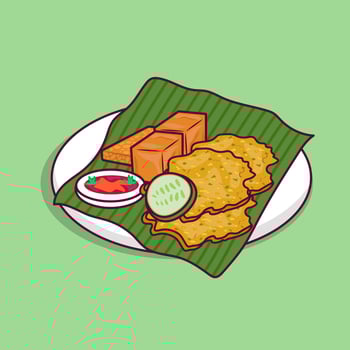 Tofu with bakwan and chili on green leaves illustration vector