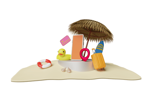 summer travel with cylinder stage podium, umbrella, lifebuoy, yellow duck, seaside, mobile phone, suitcase isolated. online shopping summer sale, 3d illustration or 3d render png