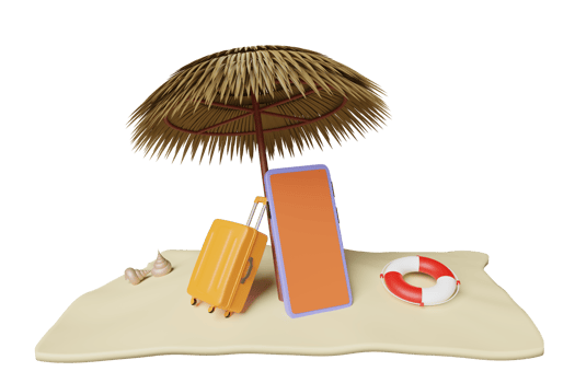 summer travel with mobile phone, umbrella, lifebuoy, seaside, suitcase isolated. online shopping summer sale concept, 3d illustration or 3d render png