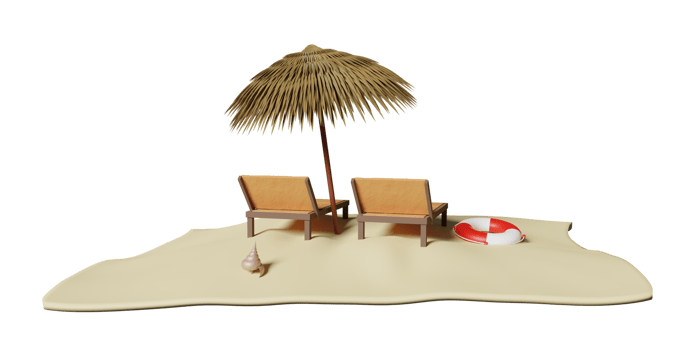 beach chair wooden with umbrella, lifebuoy, seaside, shellfish, island isolated. summer travel concept, 3d illustration or 3d render png