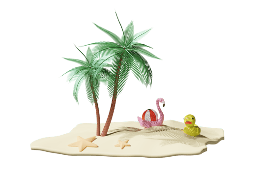 Beach with seaside, yellow duck, inflatable flamingo, ball, starfish isolated. summer travel concept, 3d illustration or 3d render png