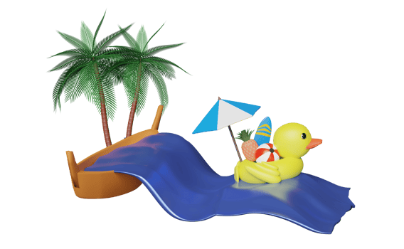 yellow inflatable duck with umbrella, ball, pineapple, surfboard, palm trees, sea waves, boat isolated. abstract background, summer travel concept, 3d illustration or 3d render png