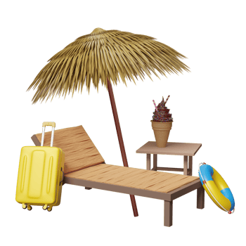 beach chair with palm leaf, umbrella, lifebuoy, suitcase, ice cream waffle cones isolated. online shopping summer sale concept, 3d illustration or 3d render png
