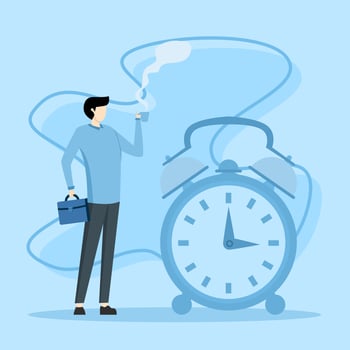 businessman relaxing with cup of coffee or tea with alarm clock, time off concept, free from boredom, sleepy and tired concept, coffee break time to relax and refresh from long term stress. vector