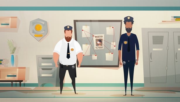 Policemen or militiamen in Police station or department, investigation office room interior, cartoon vector illustration.
