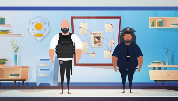 Policemen or militiamen in Police station or department, investigation office room interior, cartoon illustration. vector