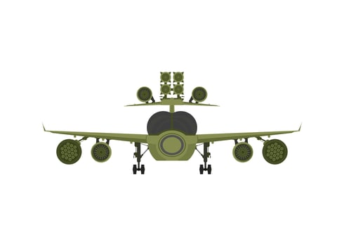 Military plane front view. Green fighter with rocket launchers. vector