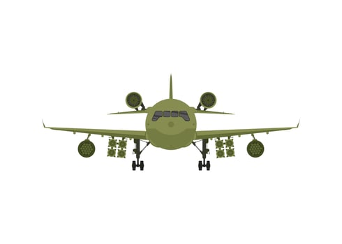 Military plane front view. Green fighter with rocket launchers. vector