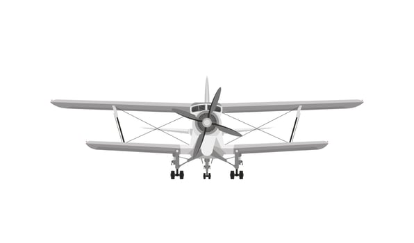 Front view of white airplane biplane with piston engine and propeller. Isolated on a white background vector