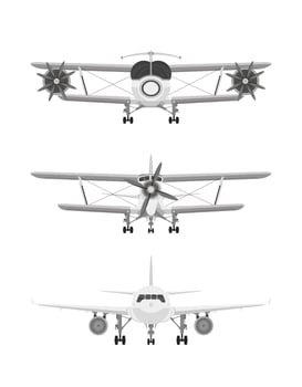 Aircraft set isolated on white background, front view. vector