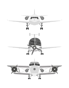 Aircraft set isolated on white background, front view. vector