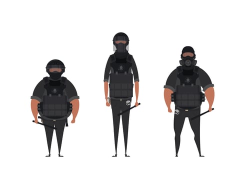 Set Special Law Enforcement Unit, man of Specialized Tactical Team, dressed in Army Combat Uniform and holding automatic firearm. vector