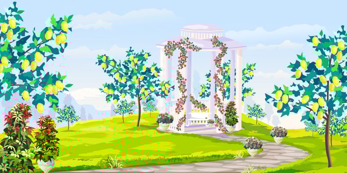 Summer panoramic landscape. Lemon garden with gazebo in weaving flowers, roses in pots vector