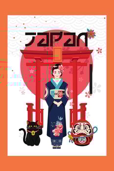 asian people in traditional clothes women wearing ancient costumes standing together chinese or japanese characters over buildings landscape vector