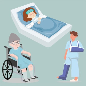 Injury and disability concept, rehabilitation from accident. patient is treated vector