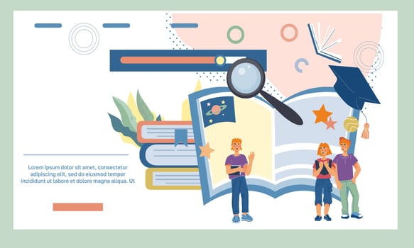 Children library or book festival web page banner with reading kids characters. Online education and literature for youth and teens concept, flat vector illustration.