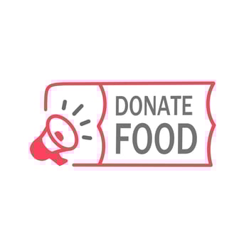 Donate food text on badge icon megaphone. Flat vector template.