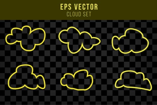 Set of yellow glow neon cloud isolated. Linear contour. Weather. Vector illustration