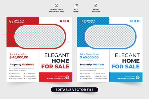 Home selling business template design with photo placeholders. House property sale social media post vector with creative shapes. Real estate company promotion poster design with red and blue colors.