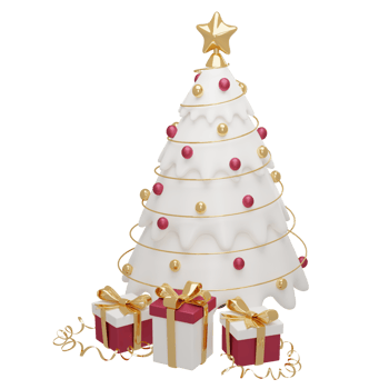 3D render Christmas tree with balls, golden star, gift boxes and serpentine. Red and gold festive decoration for Christmas and New Year cards, invitations, leaflets. png