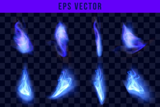 Blue fire flames realistic set of different forms and sizes on black background isolated vector illustration
