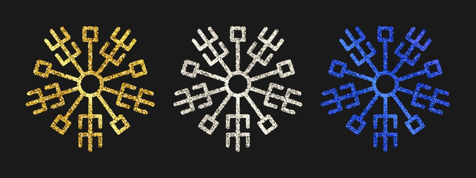 Glitter snowflakes on dark background. Set of three gold, silver and blue glitter snowflakes. Christmas and New Year decoration elements. Vector illustration.
