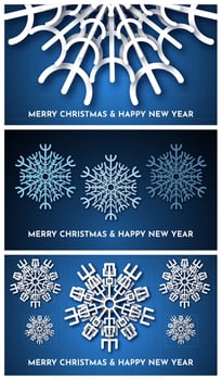 Christmas dark blue background with white paper glitter snowflakes. Set of three new year snowflakes holiday decorations. Vector illustration