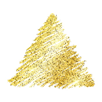 Golden paint hand drawn glittering triangle on a white background. Background with gold sparkles and glitter effect. Empty space for your text. Vector illustration