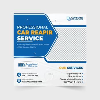 Vehicle repair business advertisement template vector for social media marketing. Car maintenance service promotional poster design with blue and yellow colors. Automobile business advertisement.