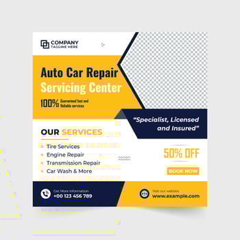 Car repair business poster template with dark and yellow colors. Modern vehicle maintenance service social media post vector for marketing. Automobile business advertisement template vector.
