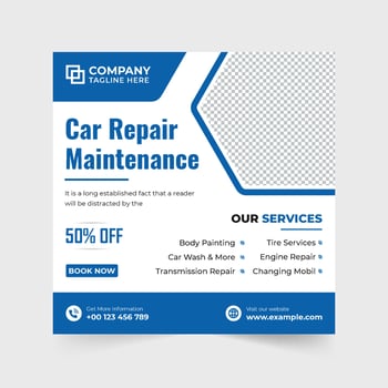 Automobile business template design with red and blue colors. Creative car maintenance service social media post vector for digital marketing. Vehicle repair and cleaning business promotion poster.