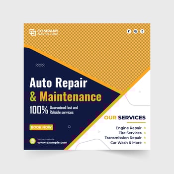 Automobile business management and repair service template for social media marketing. Car maintenance service social media post design with yellow and red colors. Vehicle repair business promotion. vector