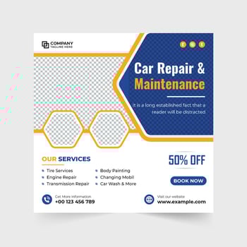 Vehicle repair social media post vector with yellow and red colors. Modern car maintenance service template for business promotion. Car repair service advertisement poster design for digital marketing