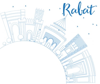 Outline Rabat Skyline with Blue Buildings and Copy Space. vector