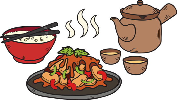 Hand Drawn Set meal with tea Chinese and Japanese food illustration png
