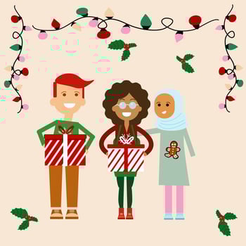 3 multi ethnic people holding gift box with garland background, Holidays or Christmas concept. vector