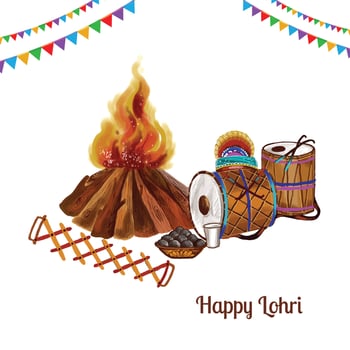 Indian punjabi festival of lohri celebration fire background with decorated drum design vector