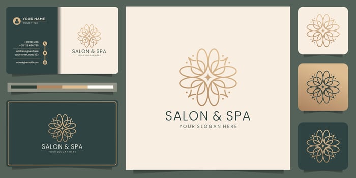 Feminine beauty salon and spa line art monogram shape logo. golden, icon and business card template. vector