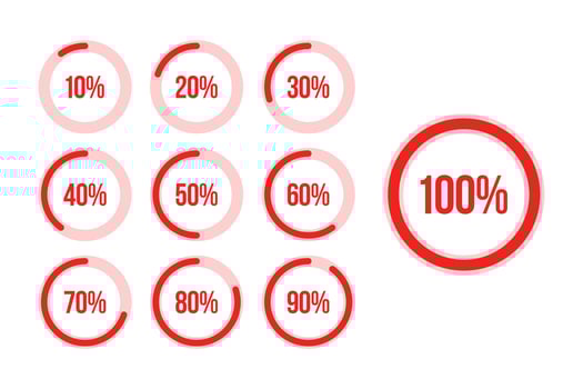 Collection of red infographic percentage circle diagrams from 10 to 100. Percent loading circles for web design, user UI interface or infographic indicator. vector