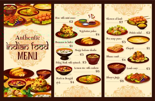 Indian cuisine authentic restaurant menu vector
